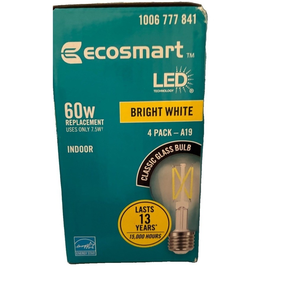 (4-Pk) EcoSmart A19 Dimmable Clear Glass Filament LED Light Bulb Bright White - Picture 3 of 5
